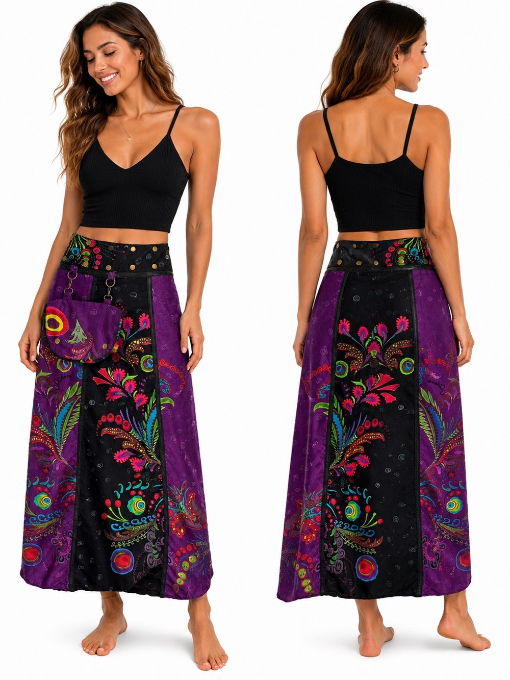 Reversible Boho Patchwork Wrap Maxi Skirt Festival Skirt w/ Detachable Pouch O/S
